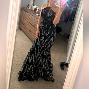 Vera Moda size 4-6 mermaid gown. Black and silver, with beaded halter neck.